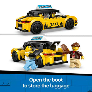 LEGO yellow taxi set 60487 showing assembled vehicle with opening boot and two minifigures, displayed in closed and open configurations with luggage storage feature