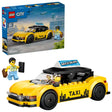 LEGO City Yellow Taxi set 60487 featuring a bright yellow taxi car with black roof and taxi branding, including a minifigure taxi driver with black hair and yellow shirt, brown briefcase accessory, and welcome to Bricksburg sign, 122 pieces total