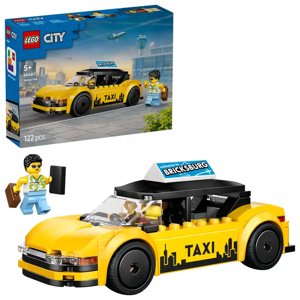 LEGO City Yellow Taxi set 60487 featuring a bright yellow taxi car with black roof and taxi branding, including a minifigure taxi driver with black hair and yellow shirt, brown briefcase accessory, and welcome to Bricksburg sign, 122 pieces total