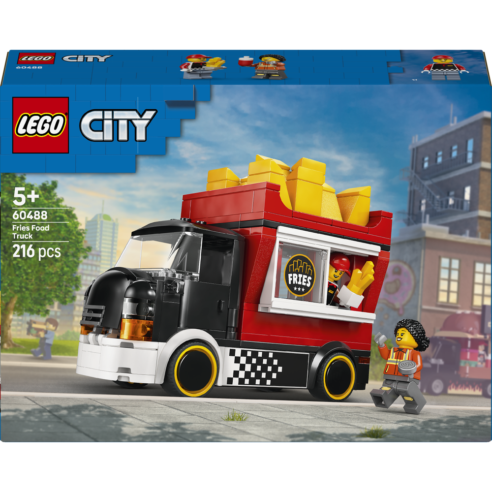 LEGO City Fries Food Truck set 60488 featuring a red and black mobile food truck with yellow fries on top, minifigure character, and urban city background, 216 pieces for ages 5+