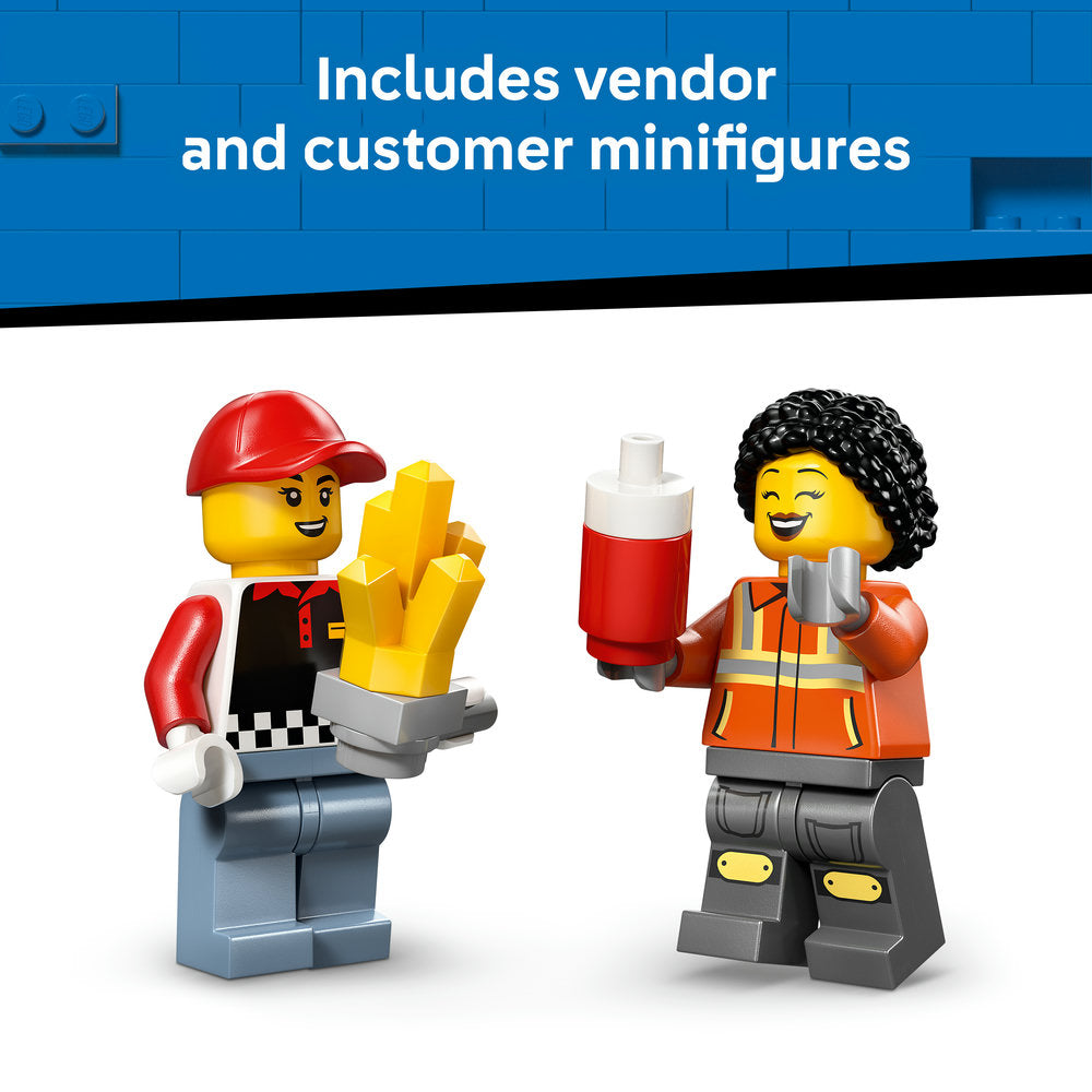 Two LEGO minifigures representing a vendor and customer, with the vendor wearing a red cap and holding yellow fries, and the customer in an orange safety vest holding a red sauce container, displayed against a blue LEGO brick background with text stating "Includes vendor and customer minifigures"