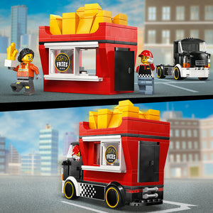 LEGO Food Truck set 60488 featuring a red and black mobile fries stand with yellow french fries on roof, two minifigures, and a black and white delivery truck, displayed in two views against urban city background