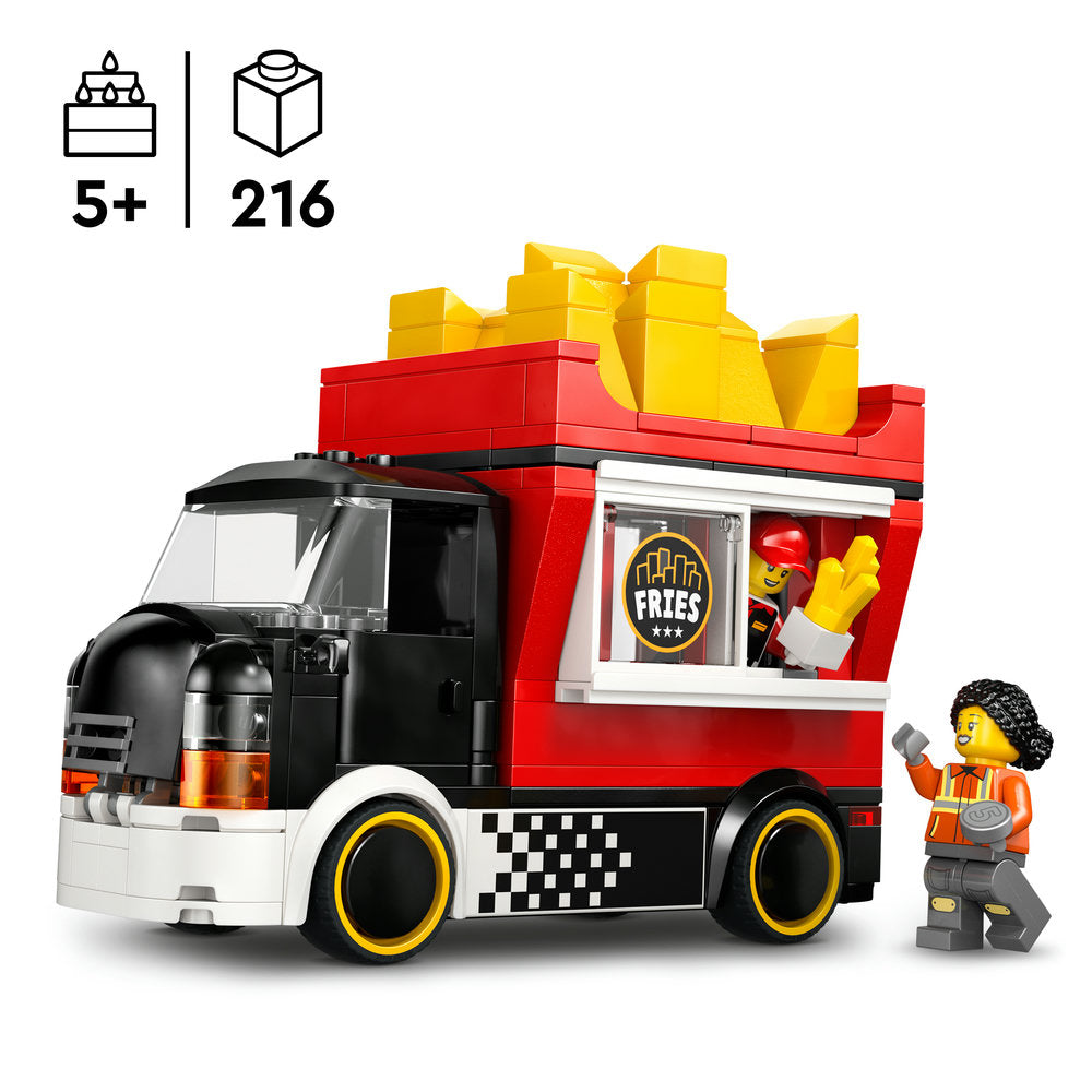 LEGO food truck set 60488 featuring a red and black mobile fries stand with yellow French fry elements on roof, white wheels with yellow rims, service window with fries signage, and yellow minifigure character with orange vest, 216 pieces, ages 5 and up
