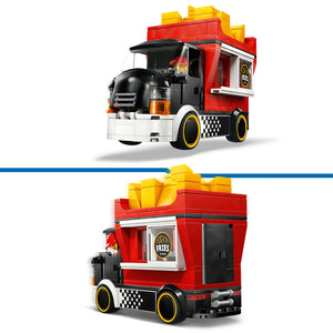 LEGO Fries food truck set 60488 shown in two angles featuring red and white brick construction with black roof, yellow fries on top, checkered pattern wheels, and service window with fries logo