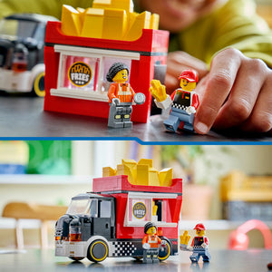 LEGO City Fries Food Truck set 60488 featuring red and black food truck with yellow fries on roof, two minifigures in orange and red uniforms with checkered details, and small building stand element displayed in two views showing play and display modes
