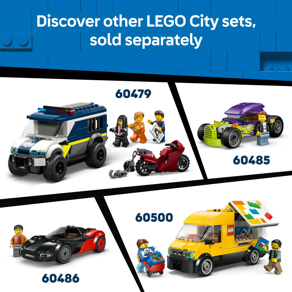 LEGO City Food Truck set 60488 featuring a yellow mobile food cart with colorful roof panel, two minifigures, and promotional images of related LEGO City sets including police van 60479, hot rod 60485, and sports car 60486 displayed on blue brick background