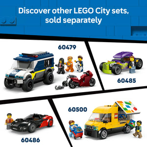 LEGO City Food Truck set 60488 featuring a yellow mobile food cart with colorful roof panel, two minifigures, and promotional images of related LEGO City sets including police van 60479, hot rod 60485, and sports car 60486 displayed on blue brick background