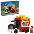 LEGO City Fries Food Truck 60488 set featuring red and black buildable truck with yellow fries on roof, service window with fries logo, white wall, checkered side panel, golden wheels, and minifigure customer, 216 pieces, ages 5 plus