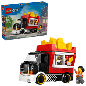LEGO City Fries Food Truck 60488 set featuring red and black buildable truck with yellow fries on roof, service window with fries logo, white wall, checkered side panel, golden wheels, and minifigure customer, 216 pieces, ages 5 plus