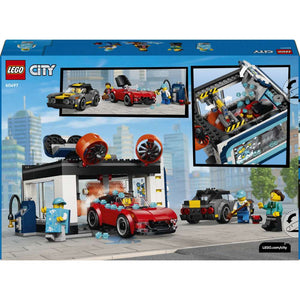 LEGO City Drive-Through Car Wash 60497 back of the box viewed from above, showing play features, included vehicles and minifigures, and the 583 piece count