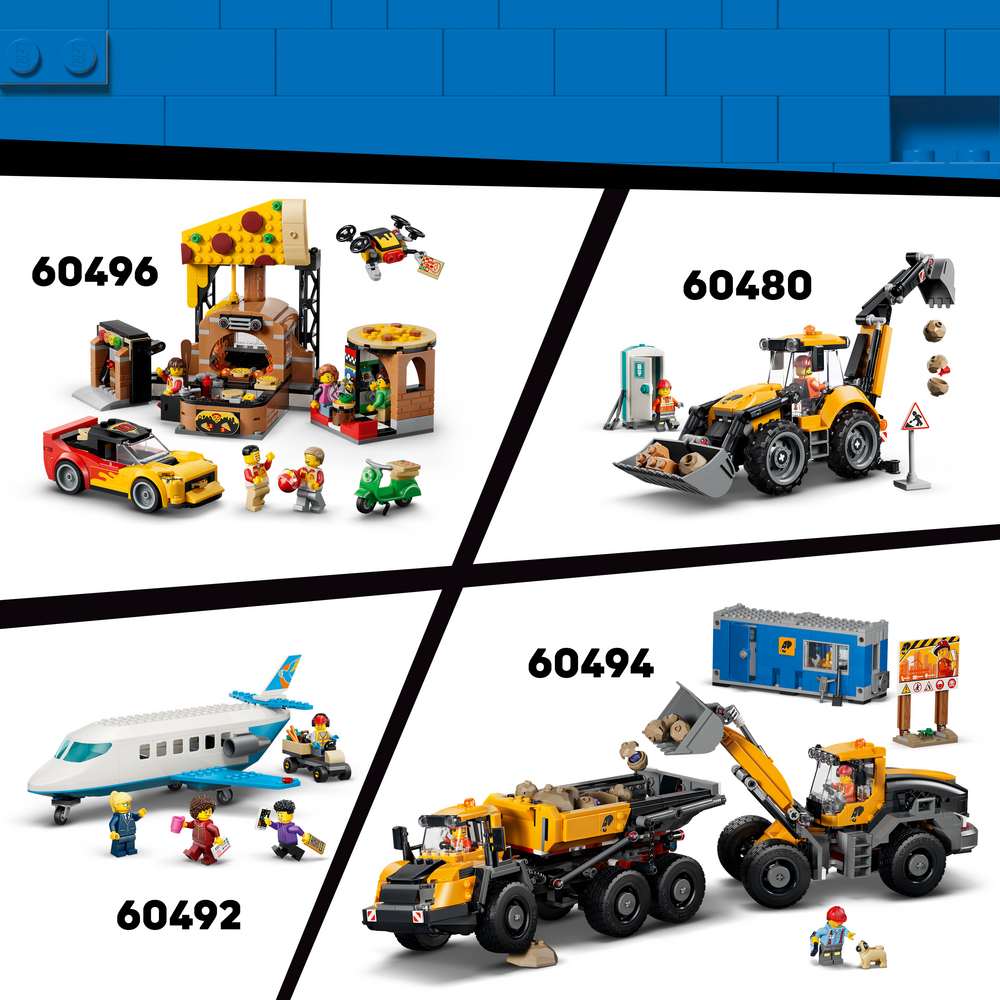 LEGO City Drive-Through Car Wash 60497 shown alongside other LEGO City sets sold separately, including 60480, 60492, 60494 and 60496