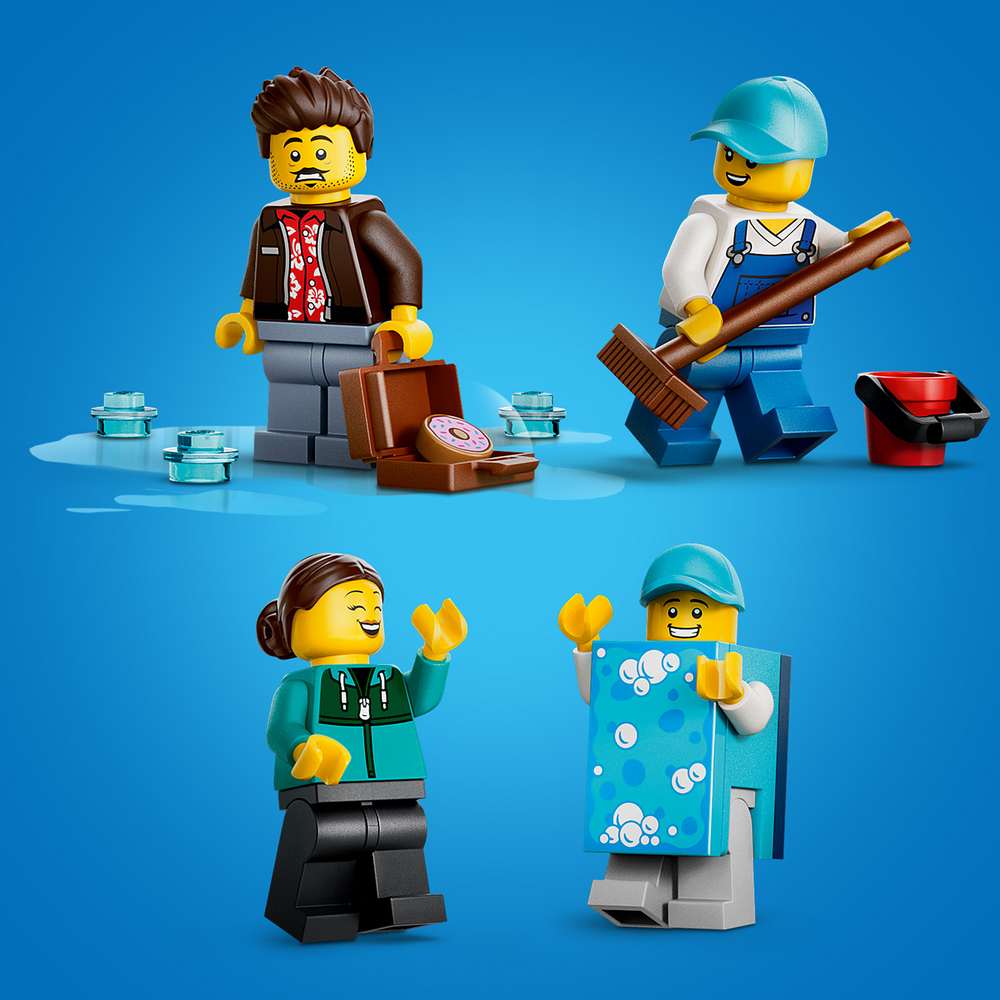 LEGO City Drive-Through Car Wash 60497 the four included minifigures - two drivers, a car wash attendant and a sponge mascot