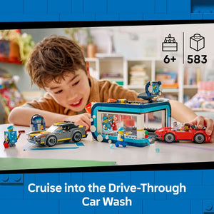 LEGO City Drive-Through Car Wash 60497 with on-image caption, showing the car wash toy for ages 6 and up with 583 pieces