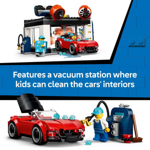 LEGO City Drive-Through Car Wash 60497 captioned view highlighting the two included buildable cars - a muscle car and a convertible