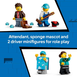 LEGO City Drive-Through Car Wash 60497 captioned view highlighting the LEGO Builder app with 3D digital instructions