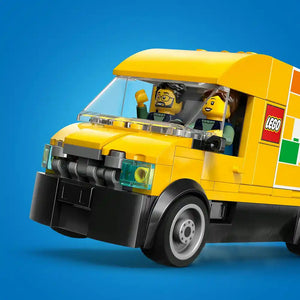 LEGO yellow van set 60500 with two minifigures in cab against blue background, featuring black wheels and LEGO branding on side