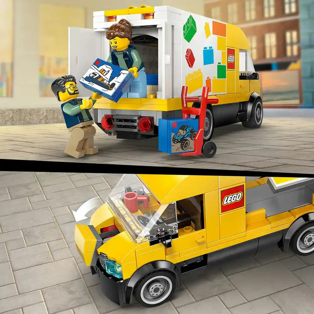 LEGO The LEGO Van 60500 set featuring a bright yellow and white delivery truck with black wheels, two minifigures with yellow heads, colorful LEGO brick decorations on the van sides, an opening cargo door, and a small red toy vehicle accessory displayed in two views showing the vehicle from different angles