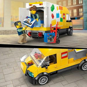 LEGO The LEGO Van 60500 set featuring a bright yellow and white delivery truck with black wheels, two minifigures with yellow heads, colorful LEGO brick decorations on the van sides, an opening cargo door, and a small red toy vehicle accessory displayed in two views showing the vehicle from different angles
