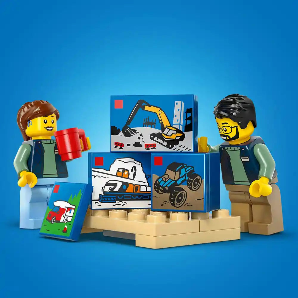 LEGO City construction van set 60500 featuring two yellow minifigures in green and blue outfits, tan and blue building blocks, construction vehicle illustrations on blue boxes, and a small red vehicle piece, arranged on a bright blue background