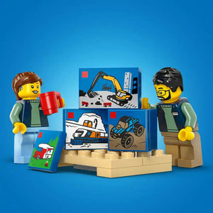 LEGO City construction van set 60500 featuring two yellow minifigures in green and blue outfits, tan and blue building blocks, construction vehicle illustrations on blue boxes, and a small red vehicle piece, arranged on a bright blue background