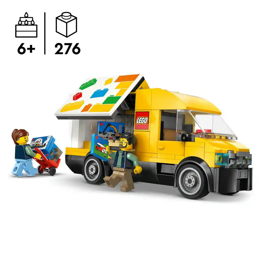 LEGO set 60500 The LEGO Van featuring a bright yellow and black food truck with opening roof panel, two minifigures with shopping cart, and 276 buildable pieces for ages 6 and up