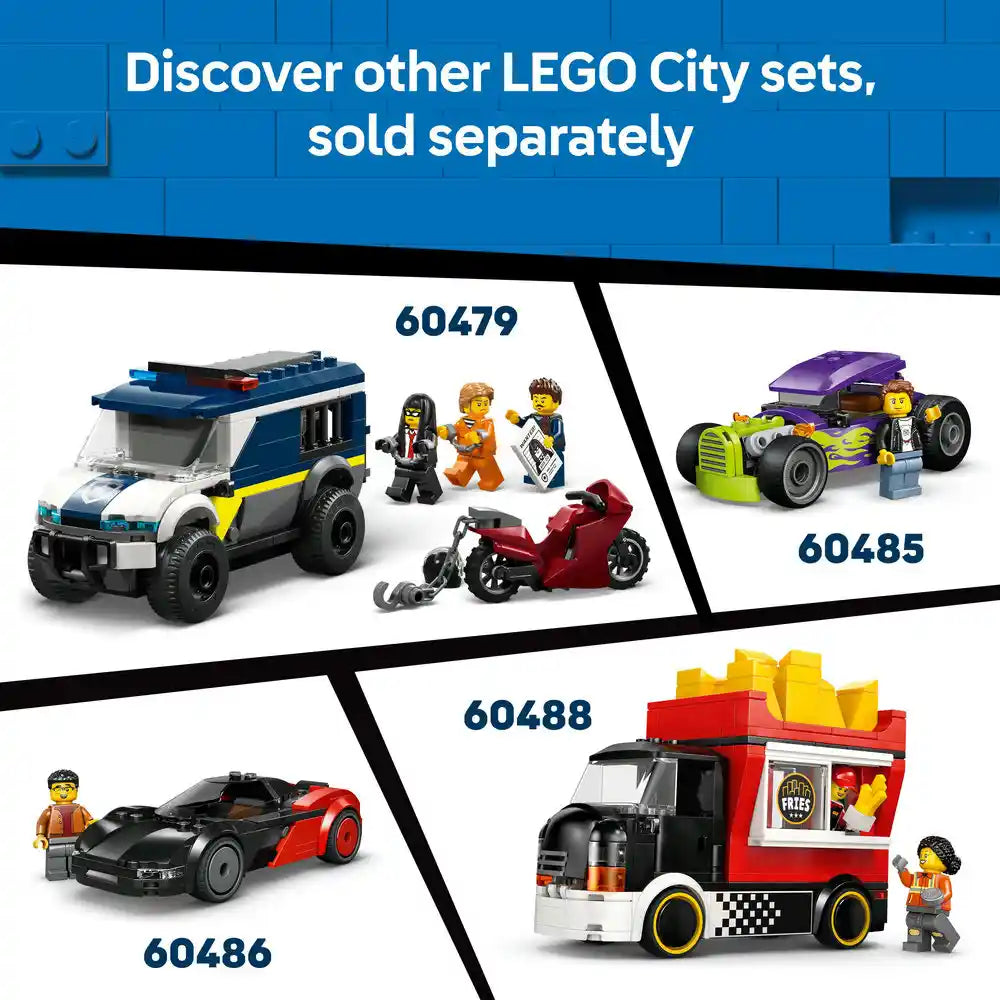 LEGO City white and blue police van set 60479 with three minifigures and red motorcycle, displayed alongside other LEGO City vehicles including purple hot rod 60485, red and black sports car 60486, and red food truck 60488