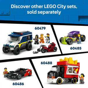 LEGO City white and blue police van set 60479 with three minifigures and red motorcycle, displayed alongside other LEGO City vehicles including purple hot rod 60485, red and black sports car 60486, and red food truck 60488
