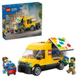 LEGO City set 60500 The LEGO Van featuring a bright yellow and black toy truck with opening side panel, colorful roof display, and two minifigures, shown with packaging box on blue background
