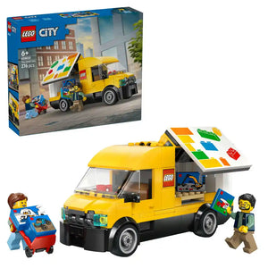 LEGO City set 60500 The LEGO Van featuring a bright yellow and black toy truck with opening side panel, colorful roof display, and two minifigures, shown with packaging box on blue background
