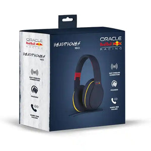 Red Bull Racing Oracle over-ear Bluetooth headphones model 160 in navy blue with red and yellow accents, shown in retail packaging with product features including wireless connection, foldable design, and hands-free calling
