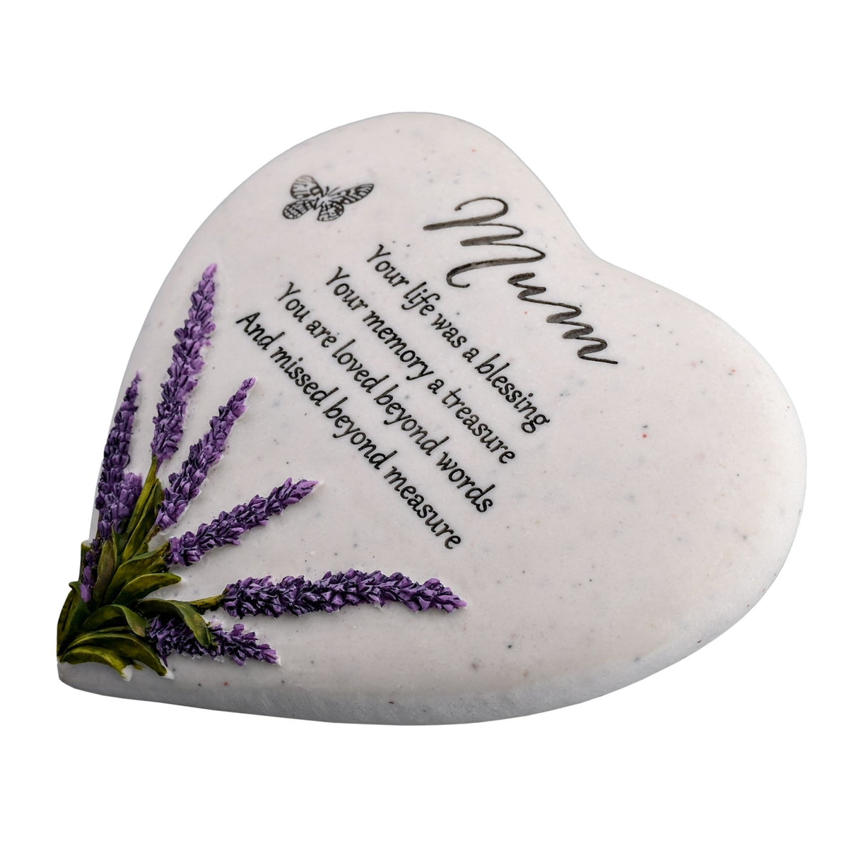 Heart-shaped memorial stone with lavender flowers and bee design, engraved with Mum tribute text reading "Your life was a blessing, your memory a treasure, you are loved beyond words and missed beyond measure"