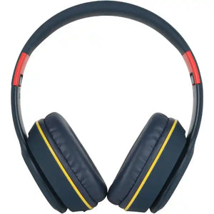 Red Bull Racing over-ear Bluetooth headphones featuring dark blue padded ear cups with yellow accents, dark blue headband with red accent panels, shown against a white background