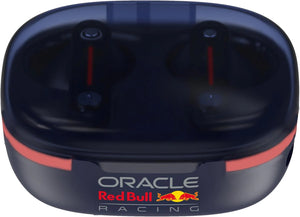 Oracle Red Bull Racing true wireless noise-cancelling earbuds in dark blue and red with charging case featuring Red Bull Racing branding and yellow logo