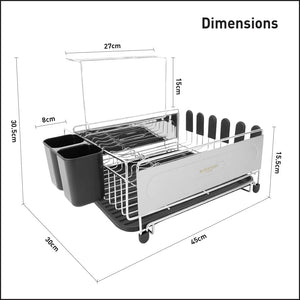 Blackmoor Deluxe Dish Drainer in black and white stainless steel with dimensions displayed, featuring drying racks, utensil holders, and two black drip trays on wheels