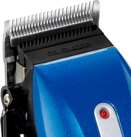 Blue hair clipper with comb attachment on a white background