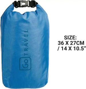 Blue waterproof dry bag with black roll-top closure and plastic buckle, size 36x27cm, featuring Go Travel branding and textured nylon material