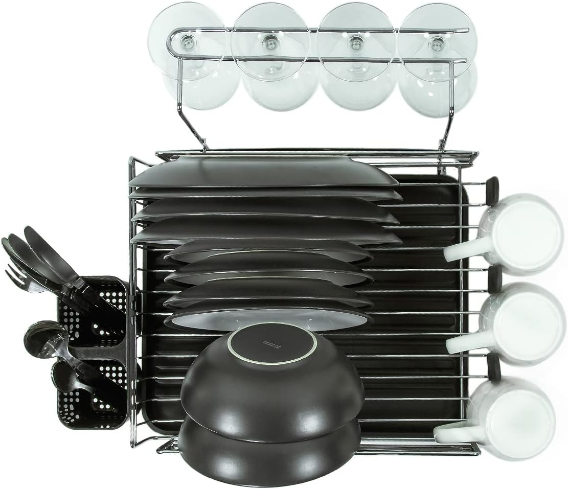 Overhead view of Blackmoor Deluxe black dish drainer with chrome accents, featuring horizontal drying racks, four clear glass bowls with suction cups at top, three white bowls on right side, black utensil holder on left, and black wok in center on metal frame
