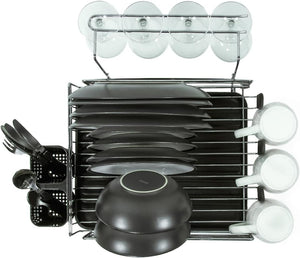 Overhead view of Blackmoor Deluxe black dish drainer with chrome accents, featuring horizontal drying racks, four clear glass bowls with suction cups at top, three white bowls on right side, black utensil holder on left, and black wok in center on metal frame