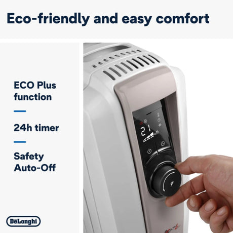 DeLonghi Dragan 4 2kW white oil-filled radiator with electronic control panel showing 24-hour timer and eco-plus function, hand adjusting black temperature dial