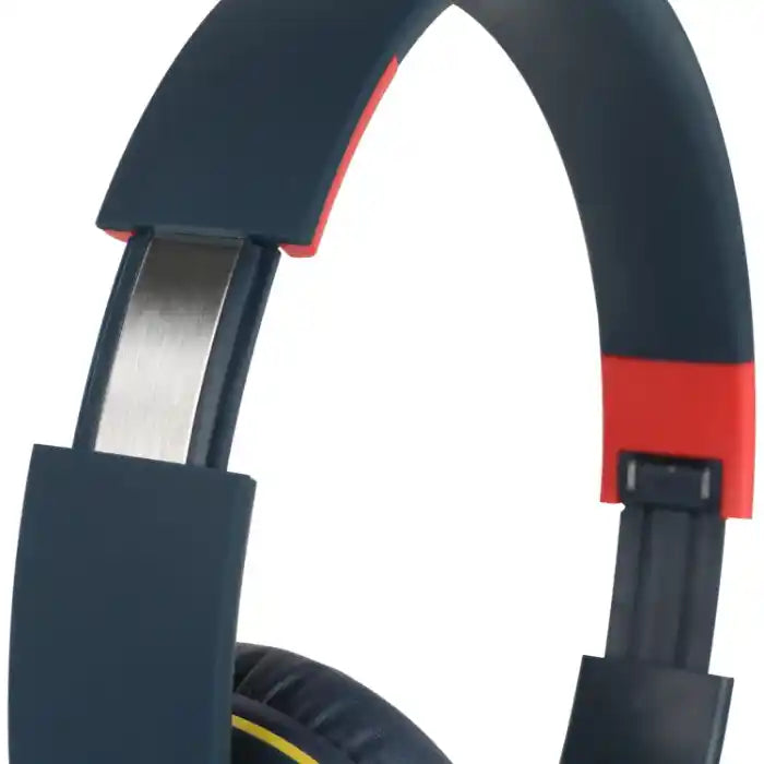 Red Bull Racing over-ear Bluetooth headphones with black padded ear cups, red and black headband, metallic silver inner headband, and yellow accents on the ear cup