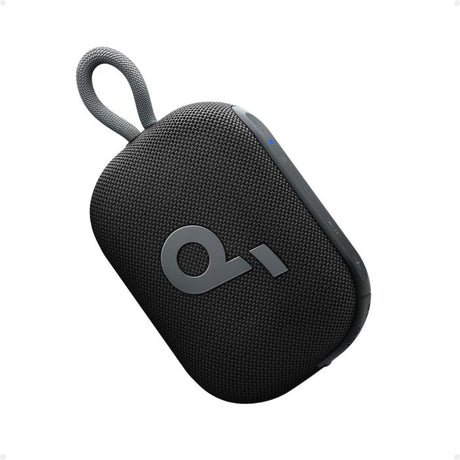 Soundcore Select 4 Go black portable wireless Bluetooth speaker with fabric mesh exterior, carrying loop handle and metallic logo