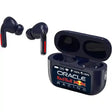 Red Bull Racing wireless earbuds with noise cancelling feature, showing dark blue earpieces with red accents and matching charging case displaying Oracle Red Bull Racing branding and battery percentage indicators