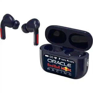 Red Bull Racing wireless earbuds with noise cancelling feature, showing dark blue earpieces with red accents and matching charging case displaying Oracle Red Bull Racing branding and battery percentage indicators