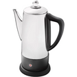 Quest 1.8 litre electric coffee percolator with white porcelain body, black base and handle, glass lid with knob, and power button