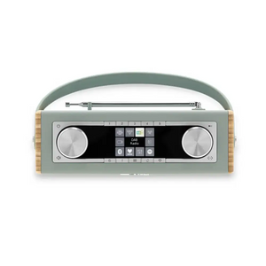 Roberts Rambler Max Smart DAB+ FM Radio in duck egg green with wooden side panels, dual control knobs, digital display screen and carrying handle