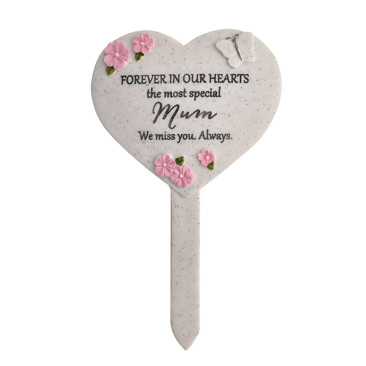 Heart-shaped memorial plaque with floral designs and text on a white background