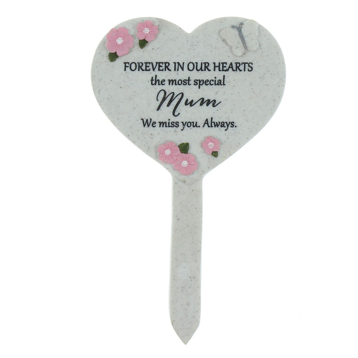 Heart-shaped memorial plaque with floral designs and text on a white background