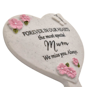Heart-shaped plaque with floral decorations and text on a white background