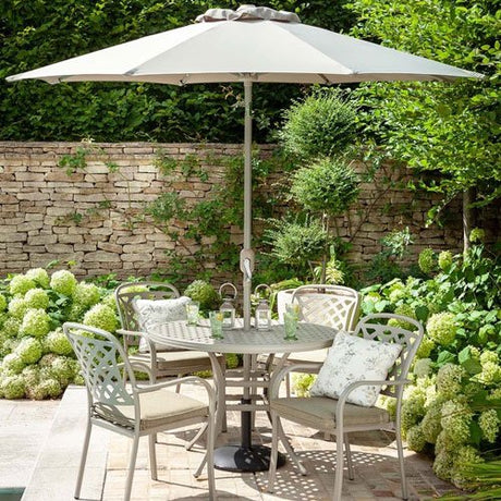 Hartman Berkeley 4 seater cast aluminium round garden furniture set with sage green lattice-back chairs, circular perforated table, cream cushions, set on stone patio surrounded by white flowering hydrangeas and green foliage