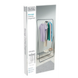 Black and Decker storage clothes organiser featuring a metal rail rack with various colored garments including purple, grey, teal and blue clothing items displayed with shoes on the lower shelf, shown in product packaging box